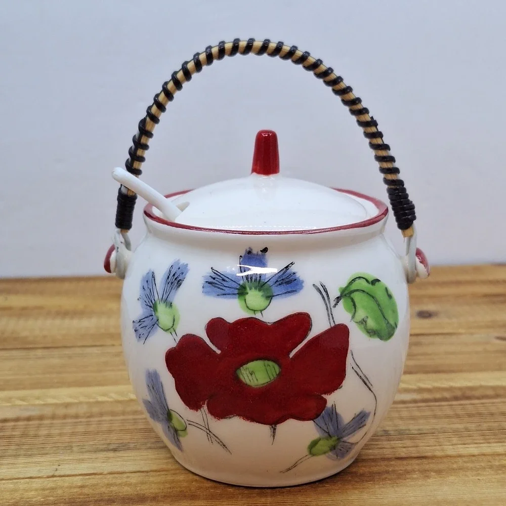 Vintage Floral‎ White sugar jelly or candy jar with wicker handle 3x4